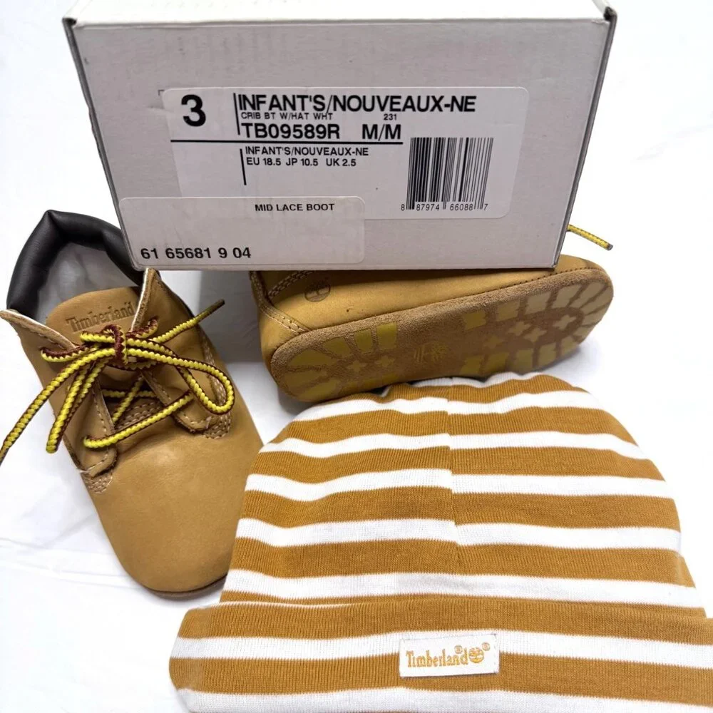 Timberland Infant Crib Leather Booties and Cotton Cap Set Size 3
